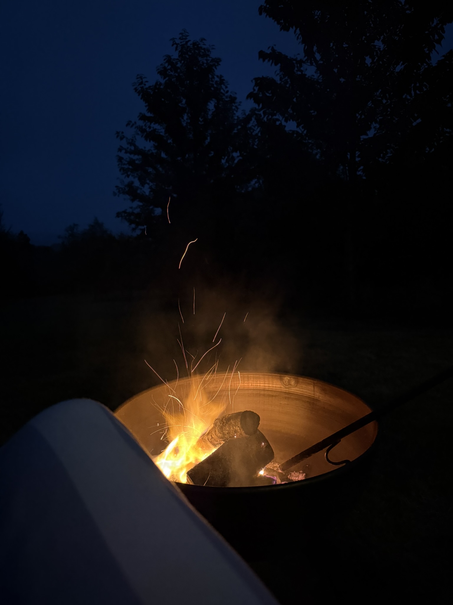 image of a fire in a fire pit at night with the outline of trees in the background